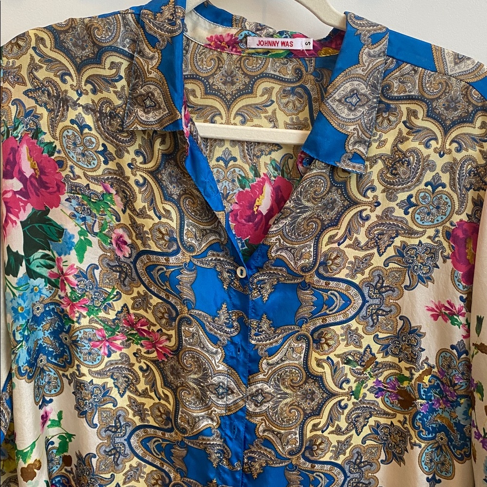 Johnny Was Blue, Pink and Gold Paisley Silk Floral Button-Down Blouse